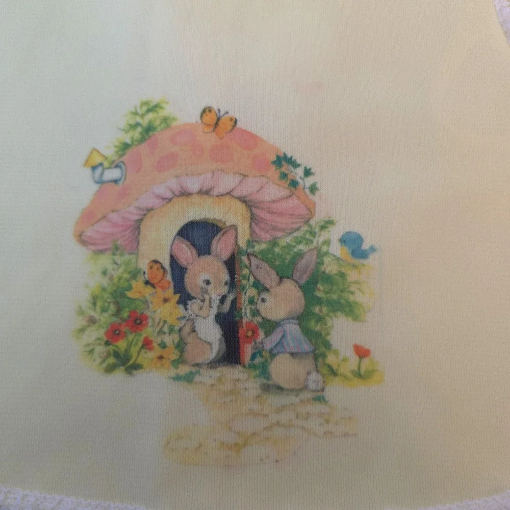 Vintage Nannette Baby Girl Bib Smock Bloomers Yellow Rabbit Mushroom Graphic 2pc